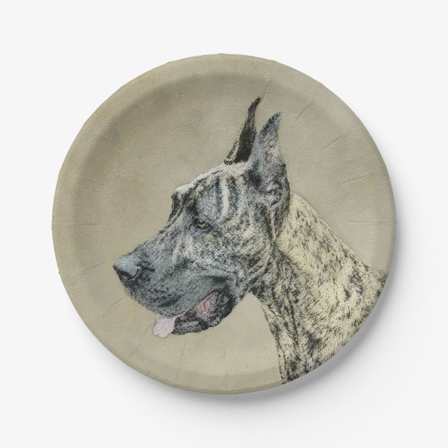 Great Dane (Brindle) Painting - Original Dog Art Paper Plates (Front)