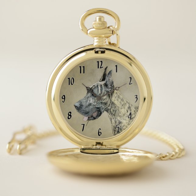 Great Dane (Brindle) Painting - Original Dog Art Pocket Watch (Inside)
