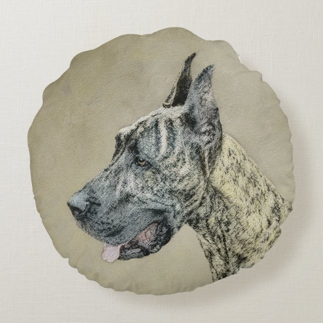 Great Dane (Brindle) Painting - Original Dog Art Round Pillow (Back)