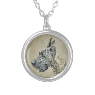 Great Dane (Brindle) Painting - Original Dog Art Silver Plated Necklace