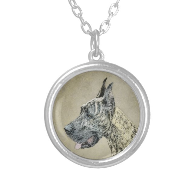 Great Dane (Brindle) Painting - Original Dog Art Silver Plated Necklace (Front)