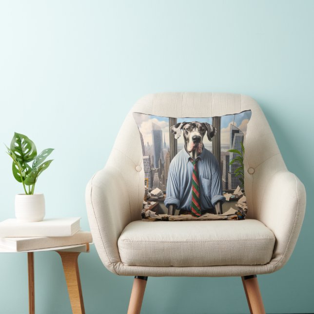 Great Dane Businessman In An Office Throw Pillow (Chair)