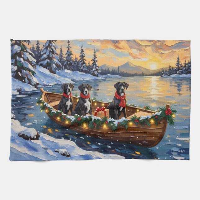 Great Dane Christmas Boat Holiday Kitchen Towel (Horizontal)