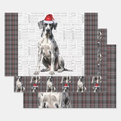 Great Dane Christmas Dog Red Gray Plaid Wrapping Paper Sheets