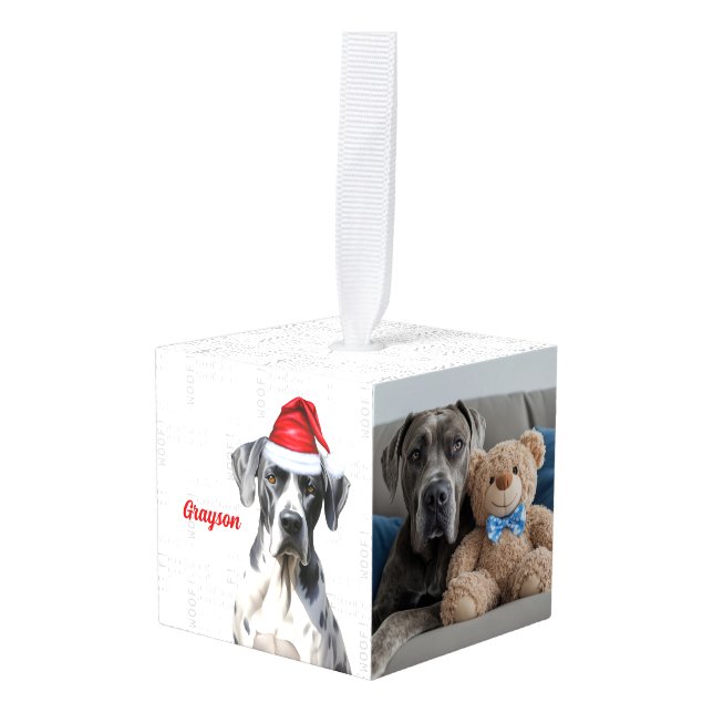 Great Dane Christmas Dog Two Photo Holiday Cube Ornament (Front Angled)