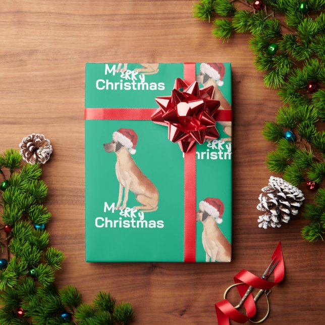 Great Dane  Christmas Green Merry Santa Hat  Wrapping Paper (Holiday Gift)