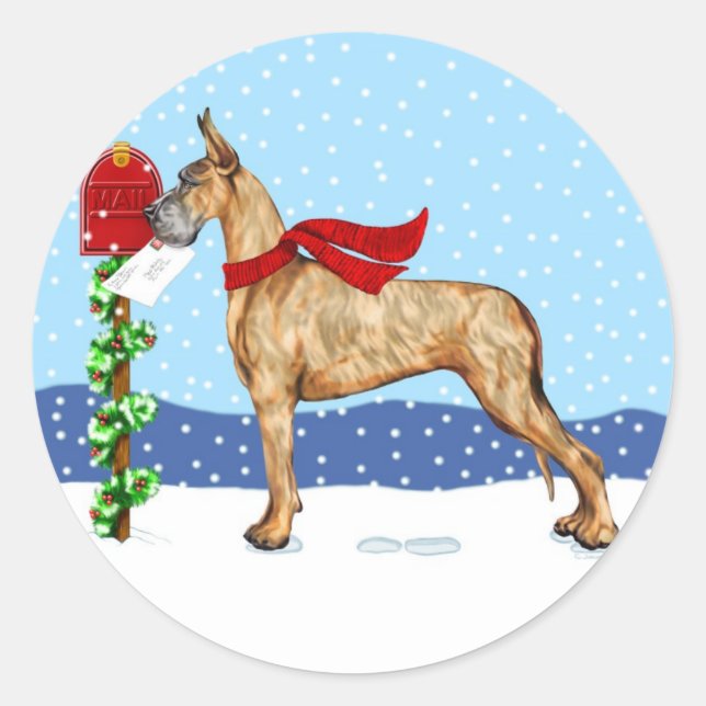 Great Dane Christmas Mail Brindle Classic Round Sticker (Front)