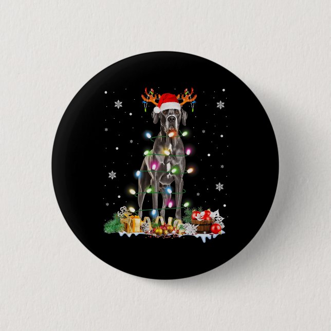 Great Dane Christmas Santa Hat Fairy Lights Pajama Button (Front)