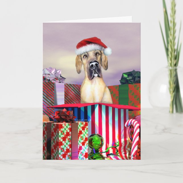 Great Dane Christmas Surprise Fawn UC Holiday Card (Front)