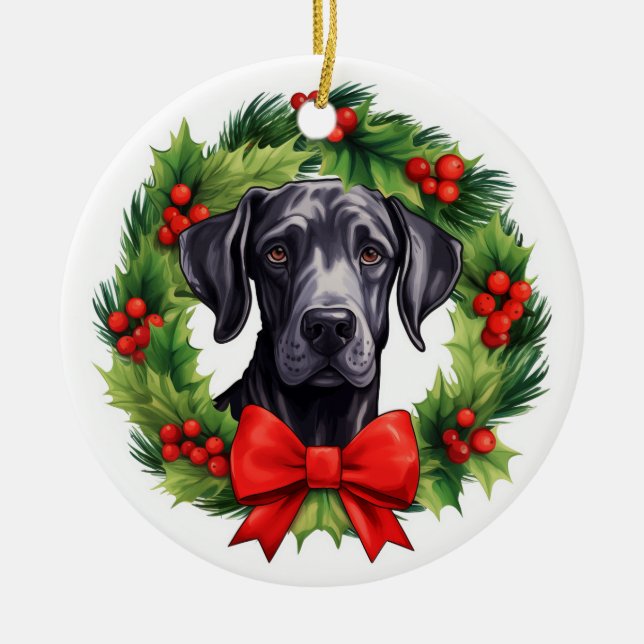 Great Dane Christmas Wreath Ceramic Ornament (Front)