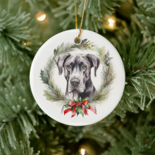 Great Dane Christmas Wreath Festive Pup Ceramic Ornament