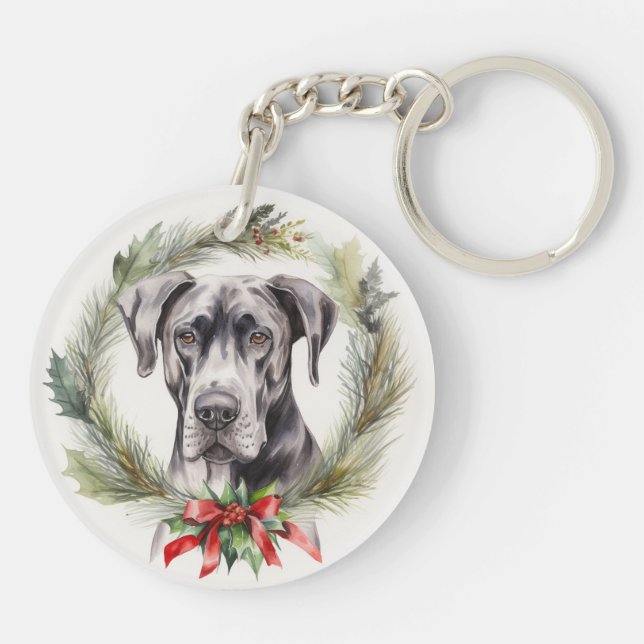 Great Dane Christmas Wreath Festive Pup  Keychain (Back)