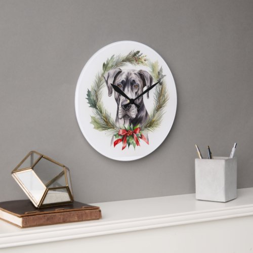 Great Dane Christmas Wreath Festive Pup  Large Clock