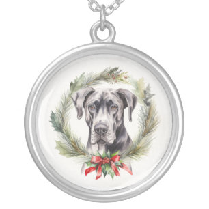 Great Dane Christmas Wreath Festive Pup Silver Plated Necklace