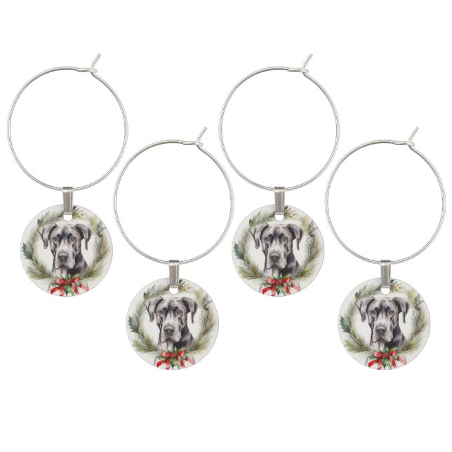 Great Dane Christmas Wreath Festive Pup  Wine Charm (Staggered)