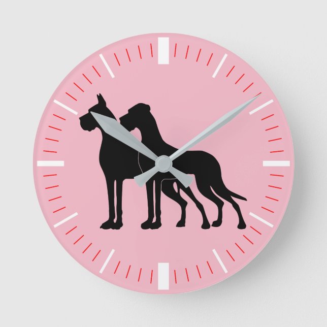 Great Dane Cropped & Natural Silhouettes, red Round Clock (Front)
