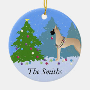 Great Dane Decorating a Christmas Tree in forest Ceramic Ornament