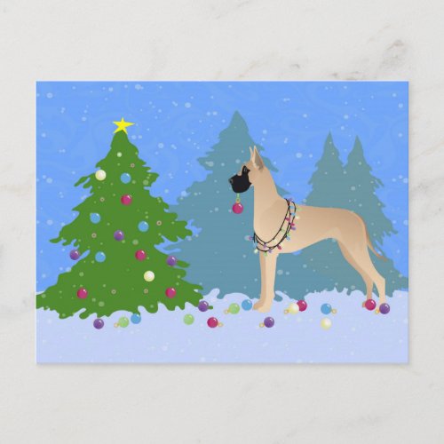 Great Dane Decorating a Christmas Tree in forest Holiday Postcard