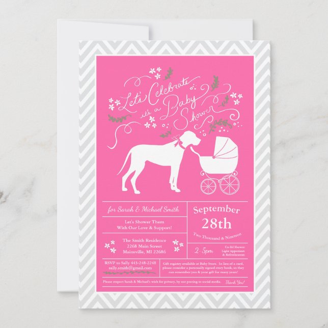 Great Dane Dog Baby Shower Pink Girl Invitation (Front)