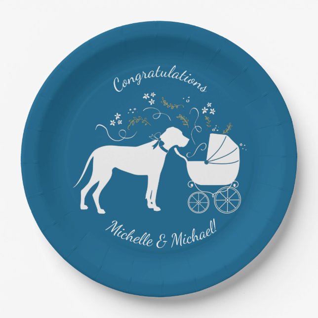 Great Dane Dog Baby Shower Puppy Blue Boy Paper Plates (Front)
