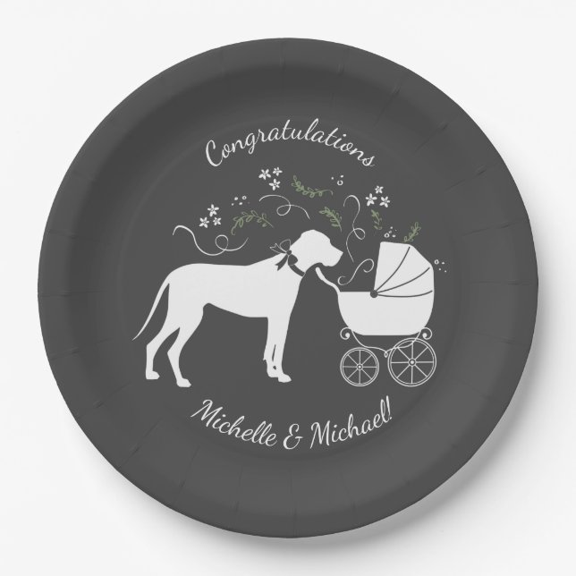 Great Dane Dog Baby Shower Puppy Grey Paper Plates (Front)