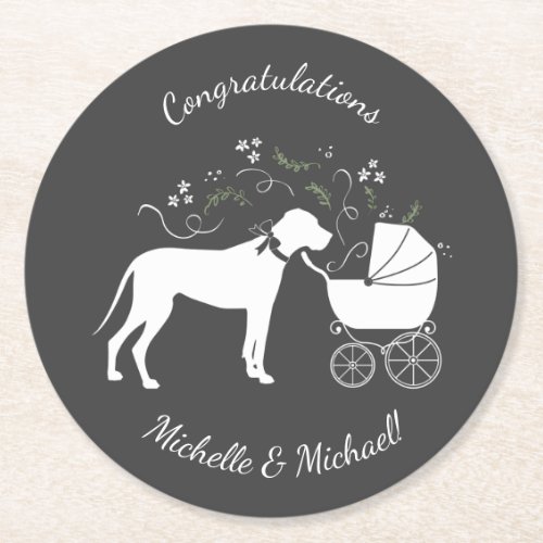 Great Dane Dog Baby Shower Puppy Grey Round Paper Coaster