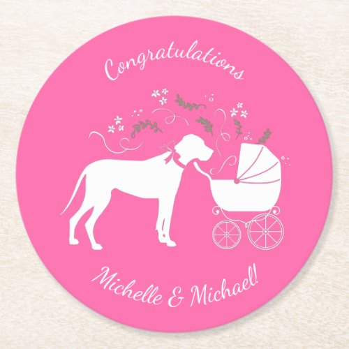 Great Dane Dog Baby Shower Puppy Pink Girl Round Paper Coaster