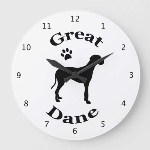 Great Dane dog black silhouette with paw print Large Clock