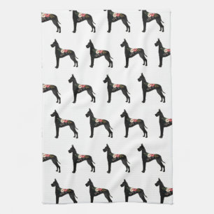 Great Dane Dog Breed Boho Floral Silhouette C Kitchen Towel