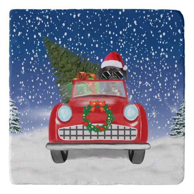 Great Dane Dog Driving Car In Snow Christmas  Trivet (Front)