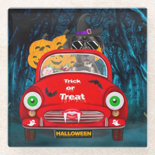 Great Dane Dog Driving Car Scary Halloween Glass Coaster