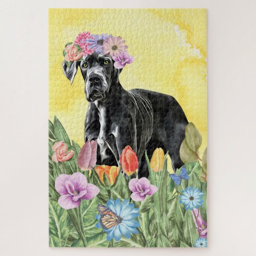 Great Dane Dog Flowers Jigsaw Puzzle