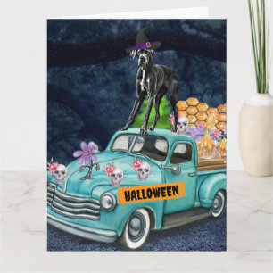 Great Dane Dog Halloween Truck Scary Night Card