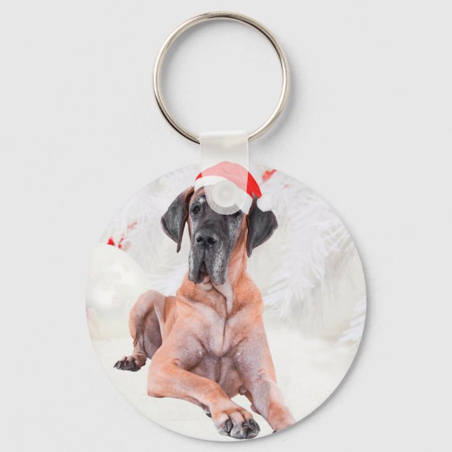 Great Dane Dog Hat Merry Christmas Keychain (Front)