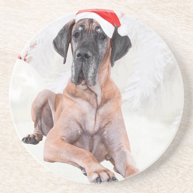Great Dane Dog Hat Merry Christmas Sandstone Coaster (Front)