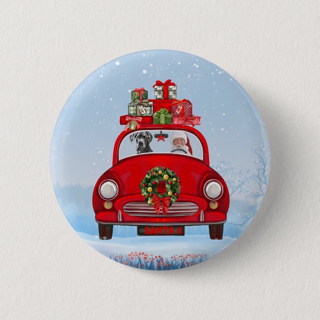 Great Dane Dog In Car With Santa Claus Button (Front)