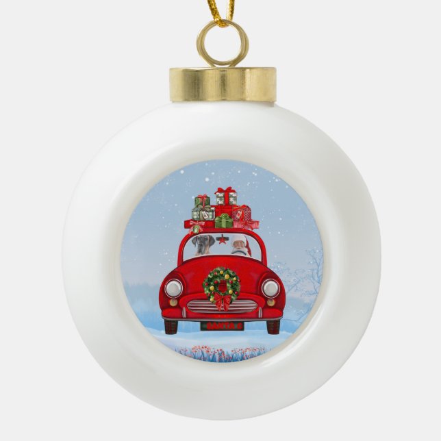 Great Dane Dog In Car With Santa Claus Ceramic Ball Christmas Ornament (Front)