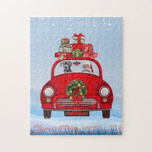 Great Dane Dog In Car With Santa Claus Jigsaw Puzzle