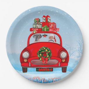 Great Dane Dog In Car With Santa Claus Paper Plates