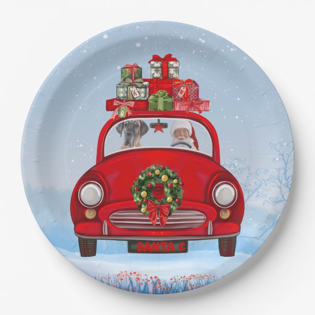 Great Dane Dog In Car With Santa Claus  Paper Plates (Front)