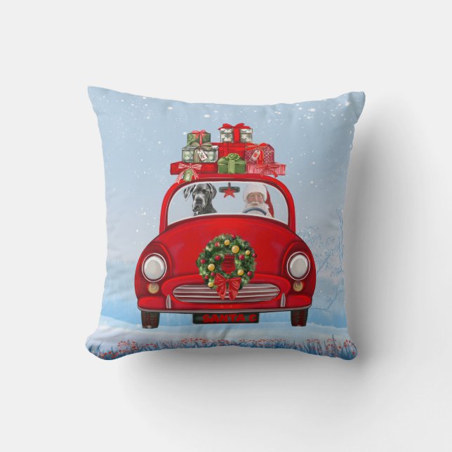 Great Dane Dog In Car With Santa Claus Throw Pillow (Front)