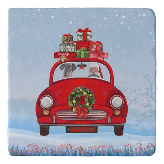 Great Dane Dog In Car With Santa Claus  Trivet (Front)