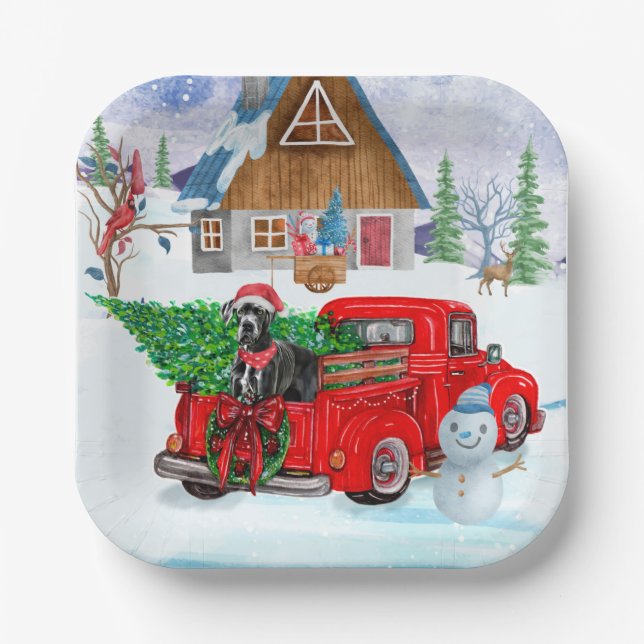 Great Dane Dog In Christmas Delivery Truck Snow  Paper Plates (Front)