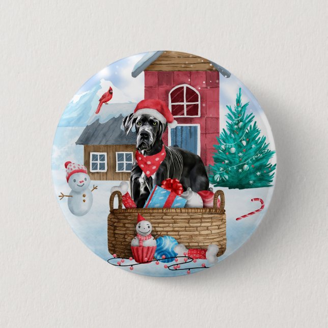 Great Dane Dog In snow Christmas Dog House Button (Front)