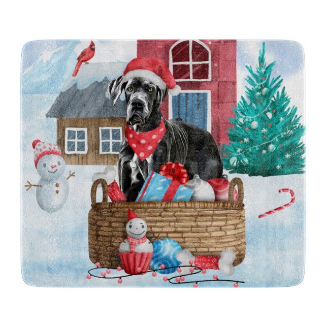 Great Dane Dog In snow Christmas Dog House  Cutting Board (Front)