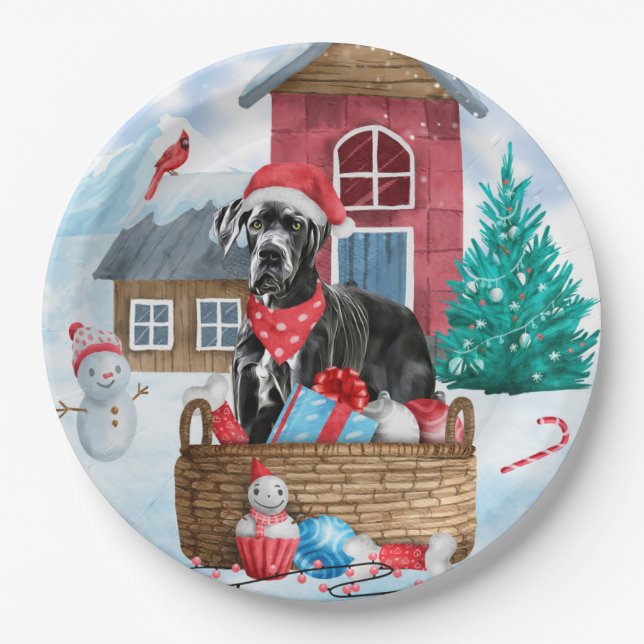Great Dane Dog In snow Christmas Dog House Paper Plates (Front)