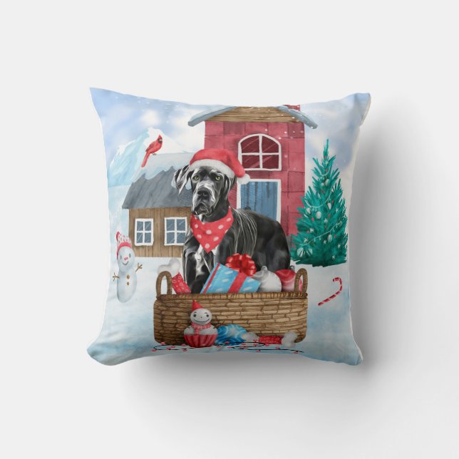 Great Dane Dog In snow Christmas Dog House Throw Pillow (Front)
