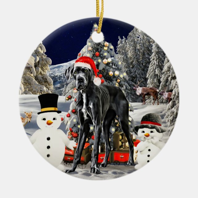 Great Dane Dog In Snow Christmas Hat Lights Ceramic Ornament (Front)