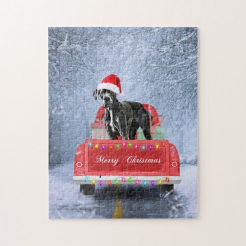 Great dane Dog in Snow sitting in Christmas Truck Jigsaw Puzzle