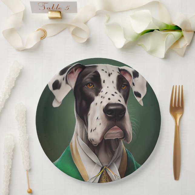 Great Dane Dog in St. Patrick's Day Dress Paper Plates (Wedding)